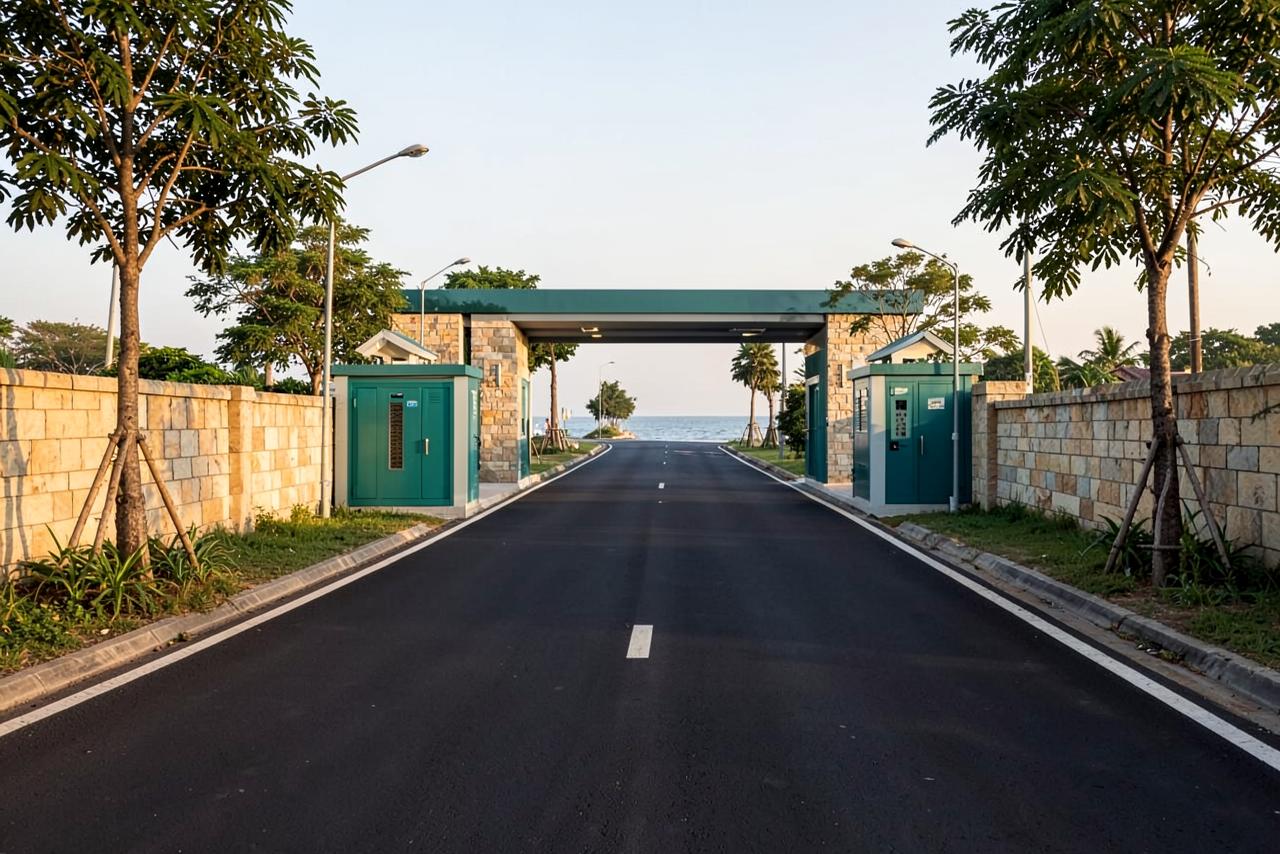 Tree-lined tar road leading to the gated entrance of Oceano near Malvan, Sindhudurg