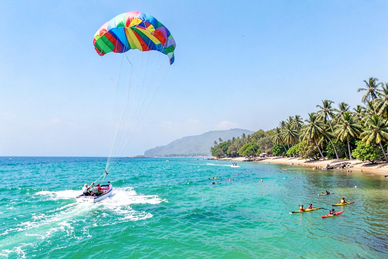 Water sports and scenic shoreline at Devbag Beach, Sindhudurg